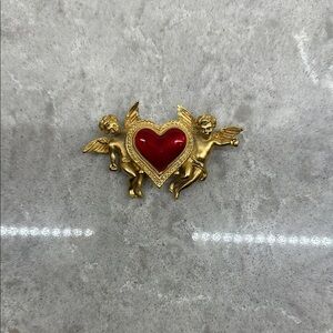 Vintage Gold and Red Heart Angel Brooch